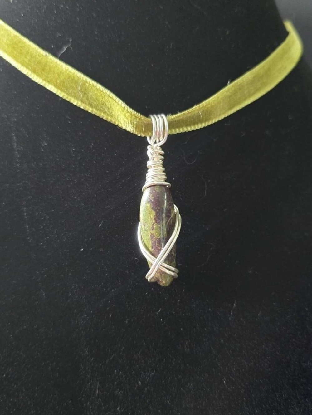 Green Velvet Choker Necklace Dragon Stone Wire Wrapped Pendant Handmade